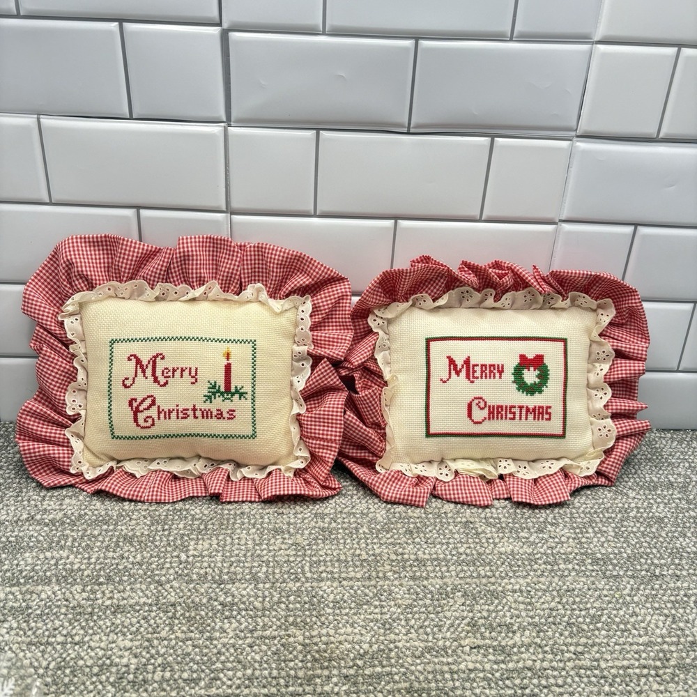 Cross Stitch Pillows Merry Christmas Set Of 2 VTG Gingham Red Trim Throw Pillows